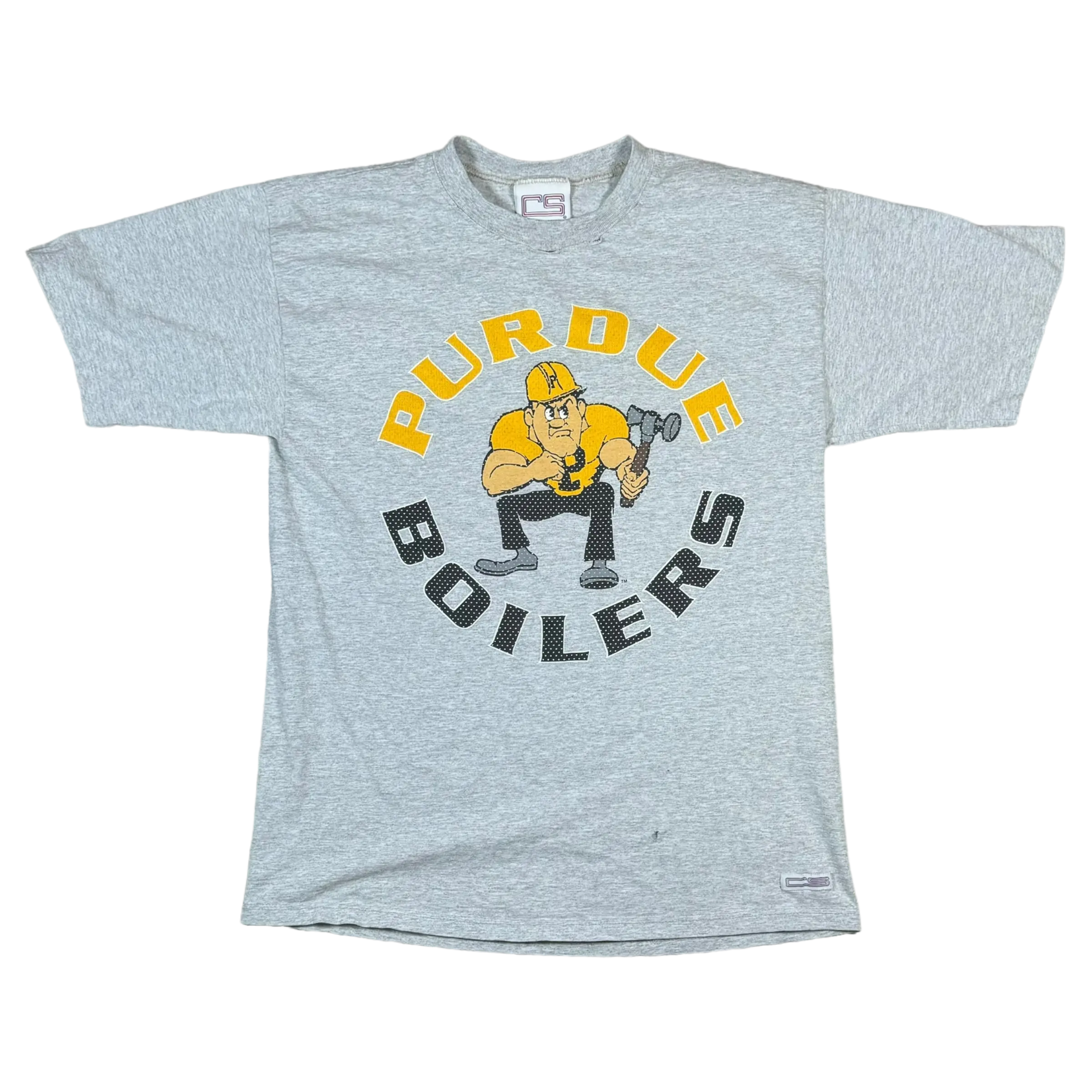 Gray vintage Purdue Boilers t-shirt with yellow and black graphic, size XL.