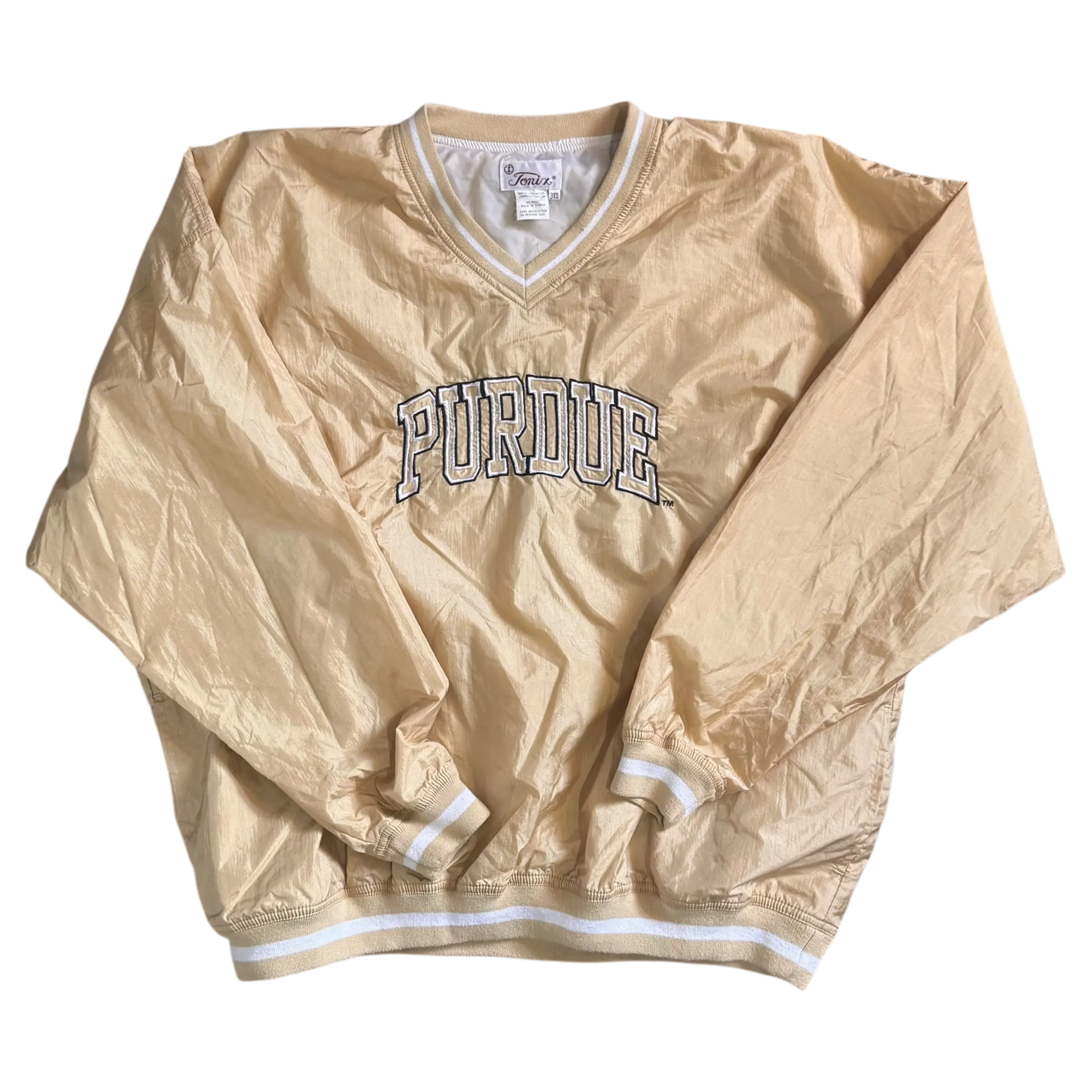 Vintage Purdue gold pullover windbreaker, size 2XL, featuring embroidered Purdue lettering and a V-neck design. Perfect for Boilermaker fans and alumni.