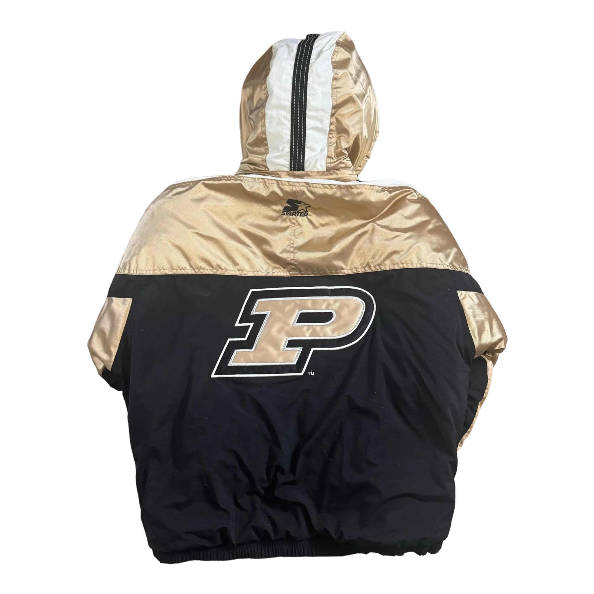 Starter Puffer Coat with black and gold Purdue design featuring bold branding, front zip, and insulated material for warmth.