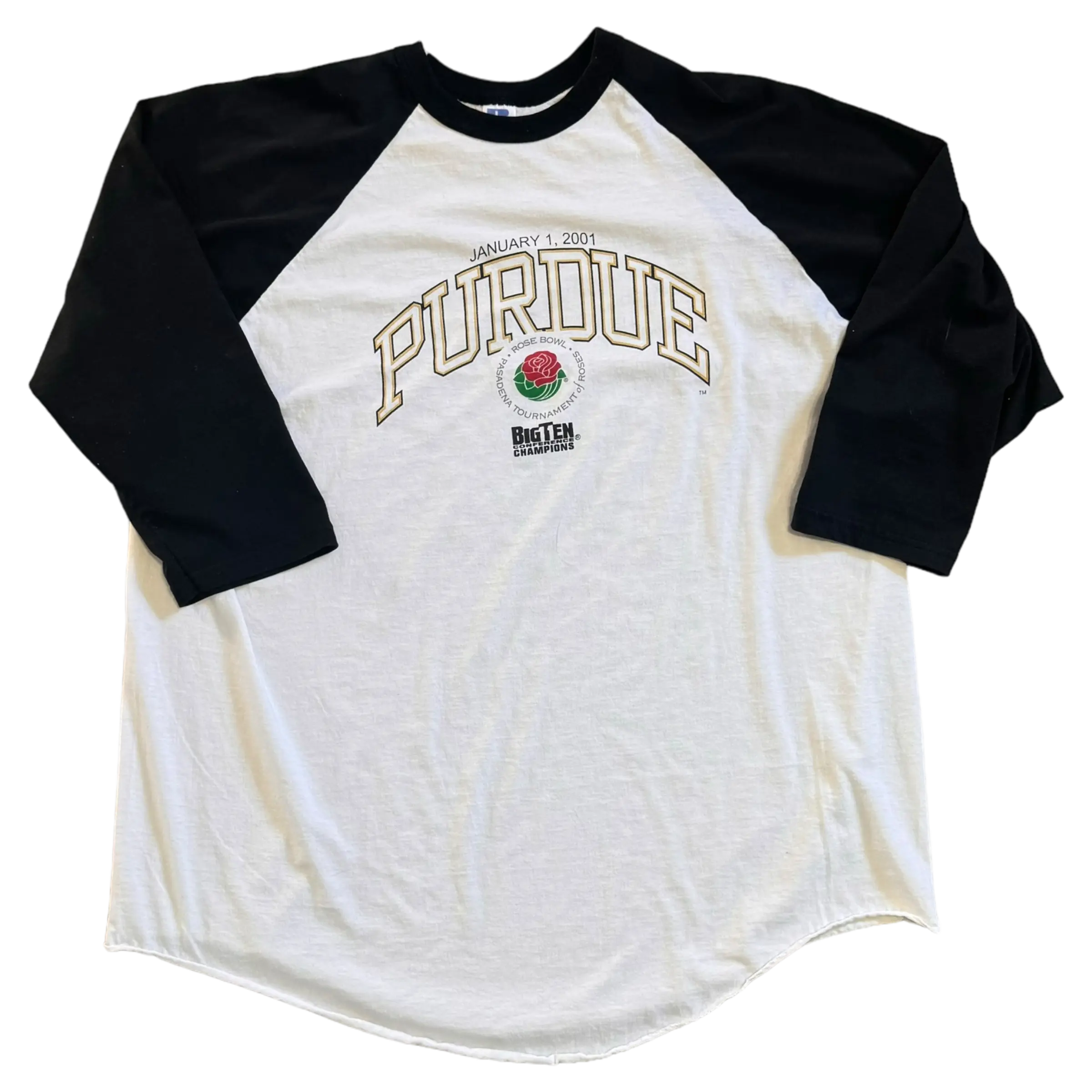 White 3/4 sleeve Rose Bowl tee featuring bold Purdue design, ideal for showcasing Boilermaker pride.