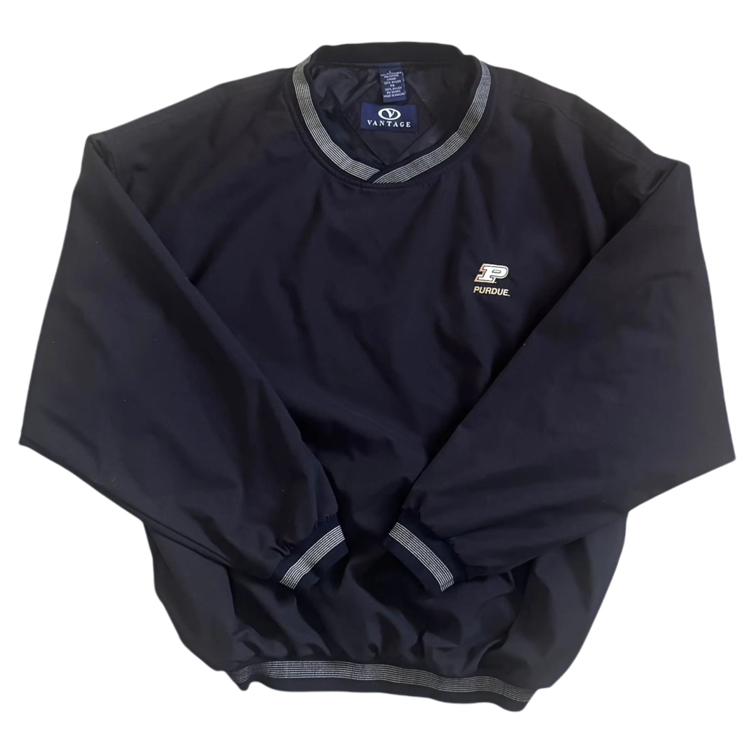 Black Purdue Vintage Pullover Jacket featuring the Purdue logo on the chest, perfect for Purdue fans seeking comfort and style.