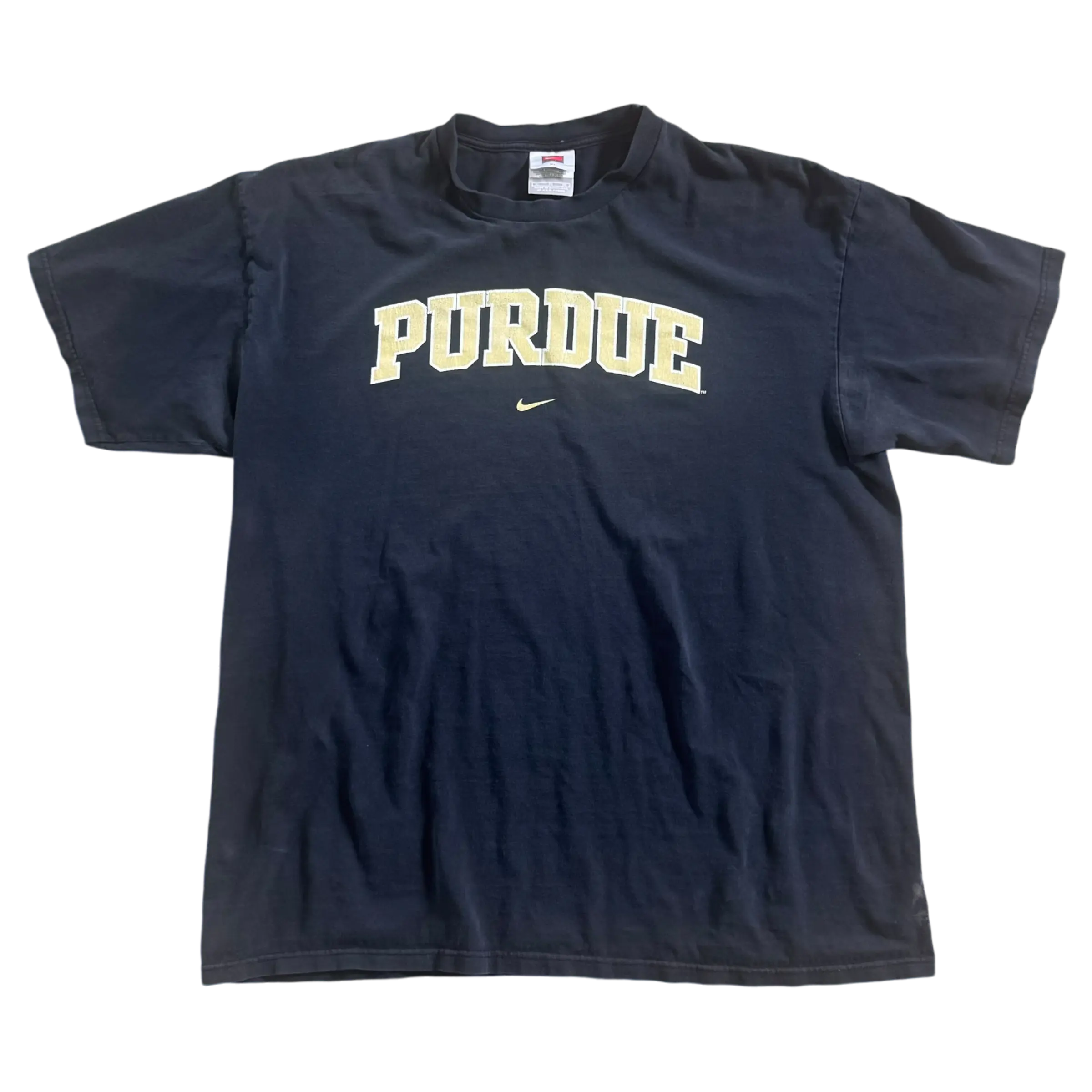 Vintage Purdue Swoosh Tee by Nike in black, featuring bold Purdue text and the classic swoosh design. Perfect for college students, fans, and collectors.