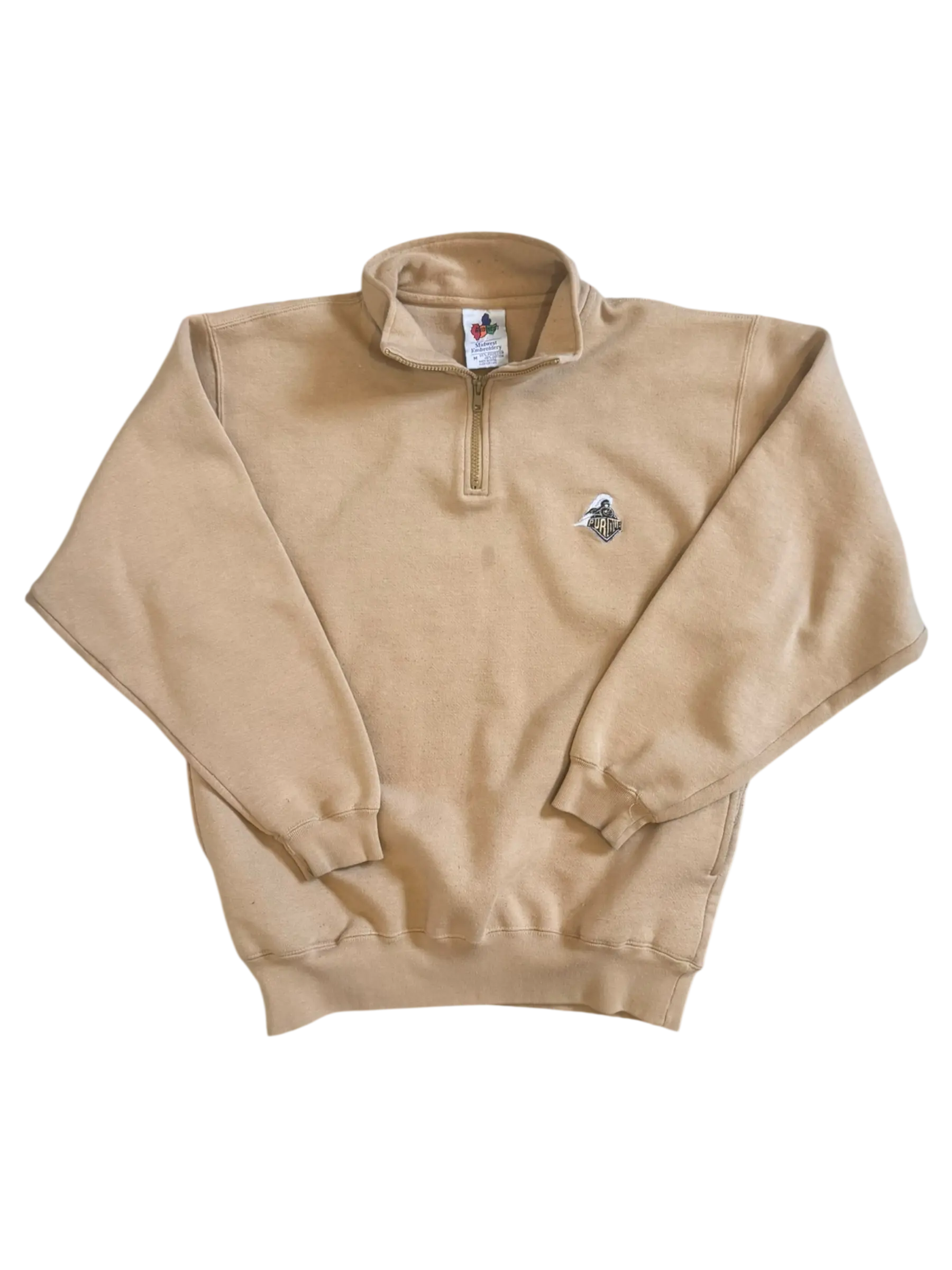 Tan vintage Purdue Boilermakers quarter-zip sweatshirt by Fruit of the Loom, size medium, with embroidered Purdue Train logo on chest.