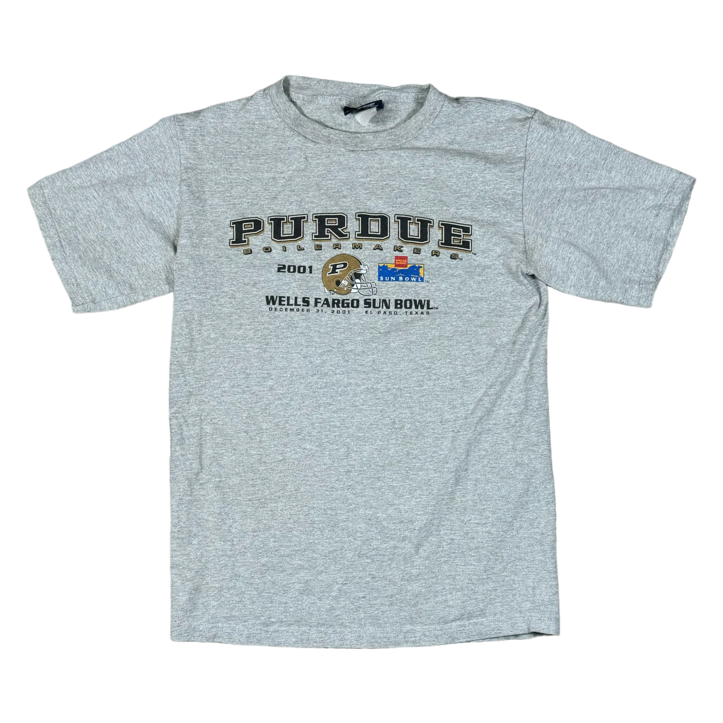 Vintage grey Purdue Sun Bowl Tee featuring bold black lettering and a graphic design by Jansport, in size Small.”