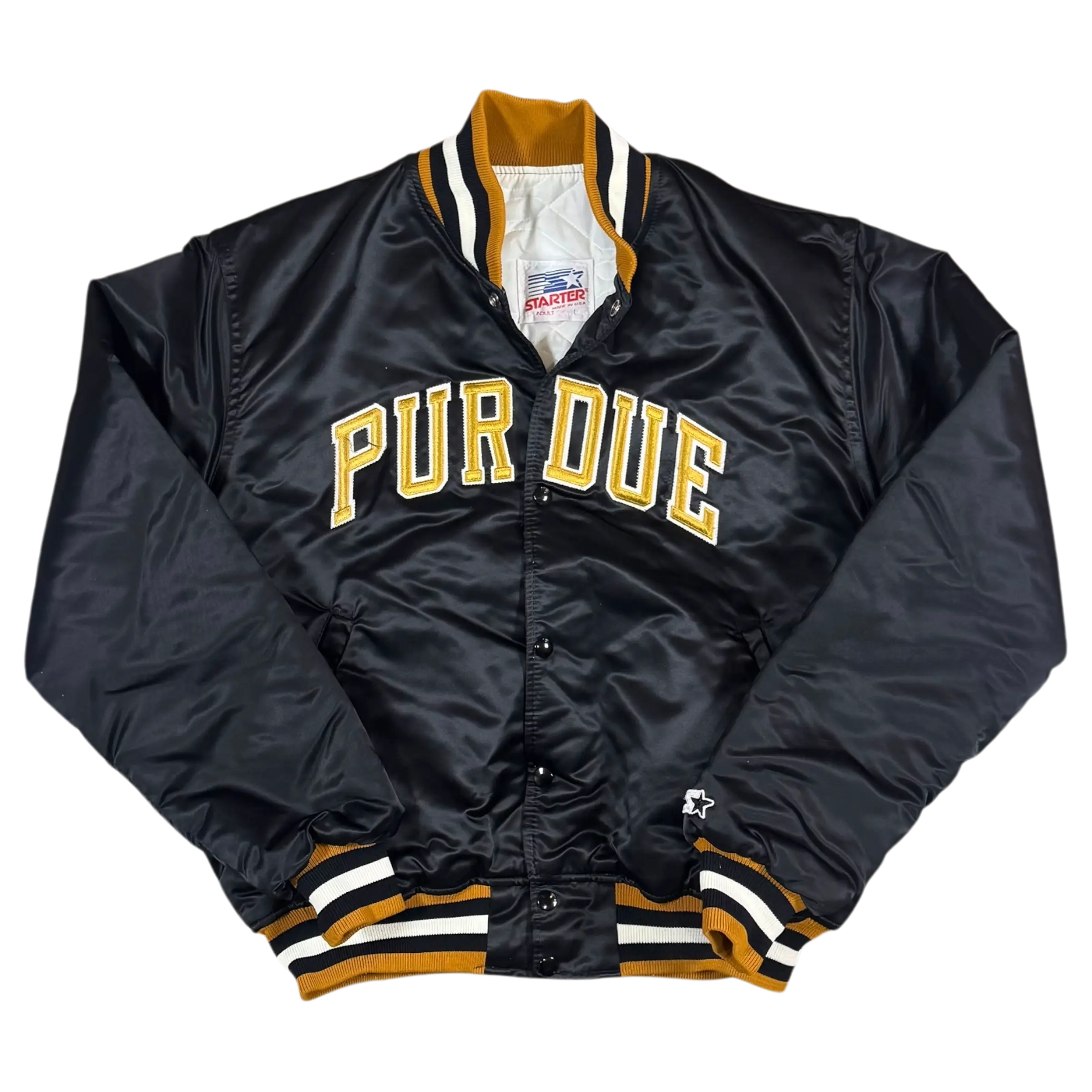 1990’s vintage Starter Purdue Bomber Jacket featuring black fabric, gold accents, and embroidered ‘Purdue’ lettering. Snap button closure and gold trim on cuffs, hem, and collar.