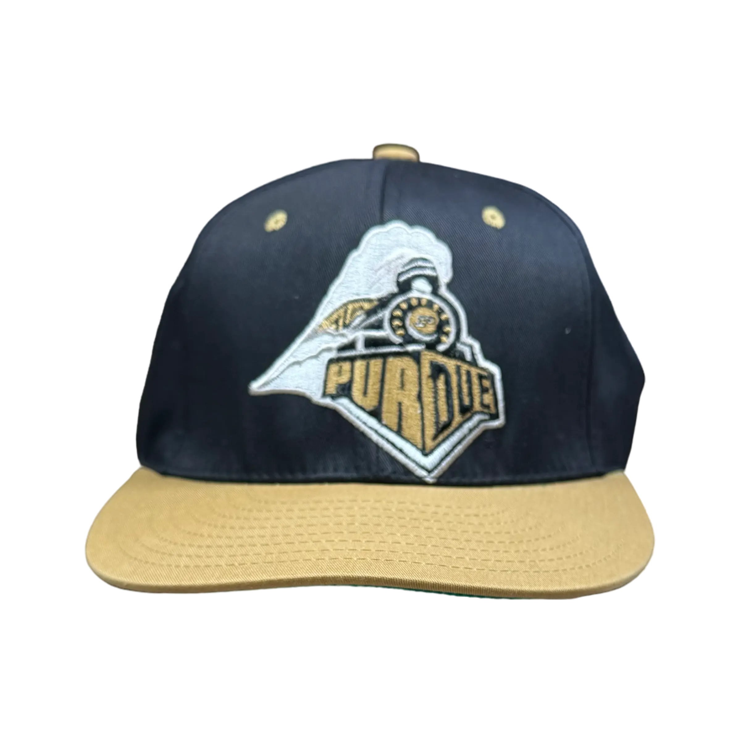 Vintage Purdue Train Hat in black and gold, featuring a bold Purdue train logo. Snapback style.