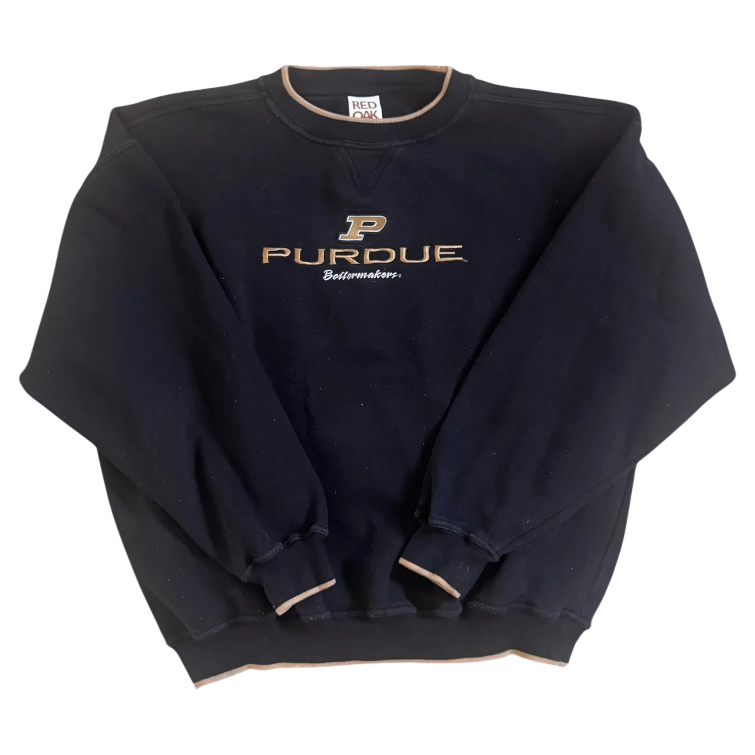 Vintage black Purdue Boilermakers crewneck sweatshirt by Red Oak Sportswear with embroidered gold and white logo and beige trim.