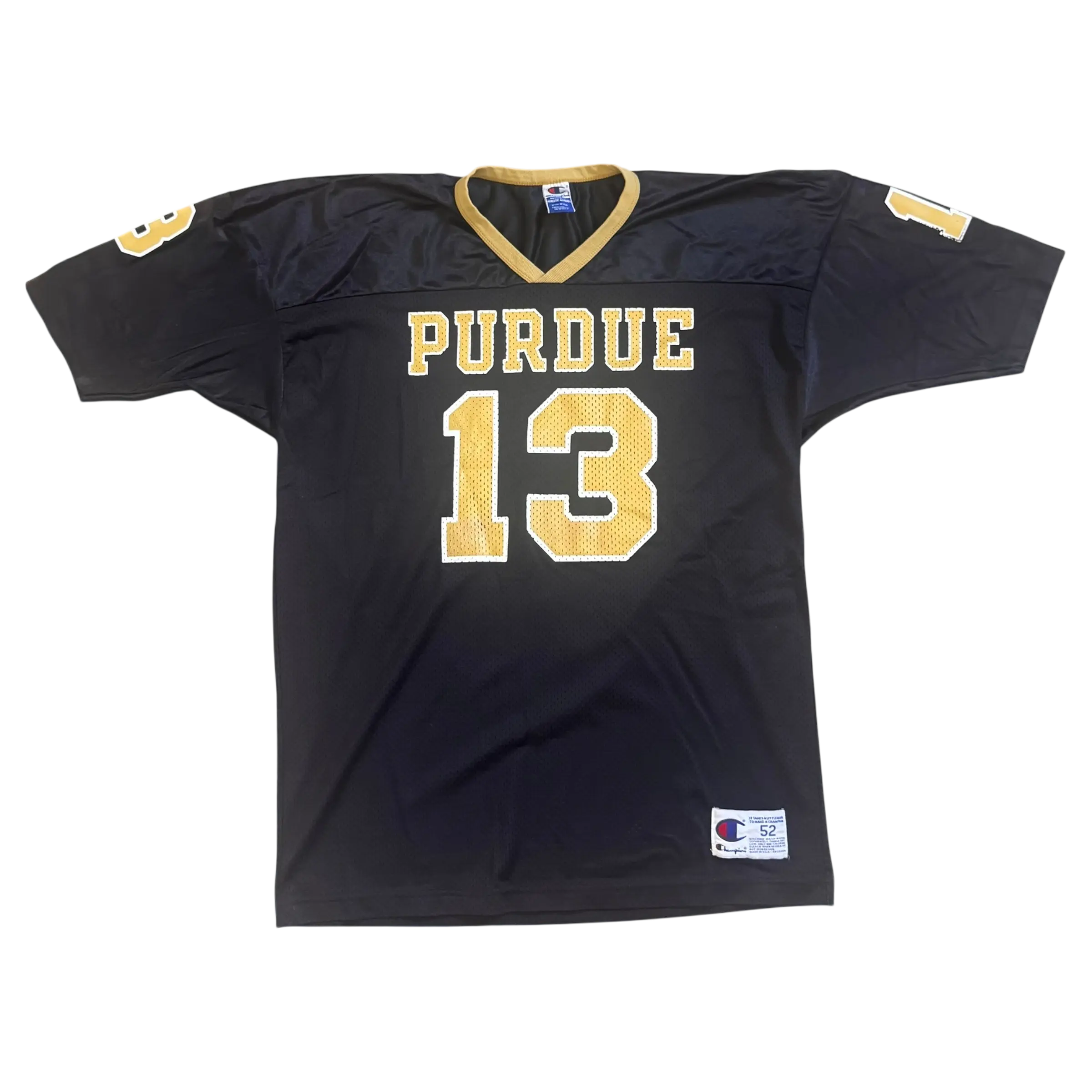 Vintage black Purdue Boilermakers #13 Champion football jersey with gold lettering, gold V-neck collar, and mesh fabric.