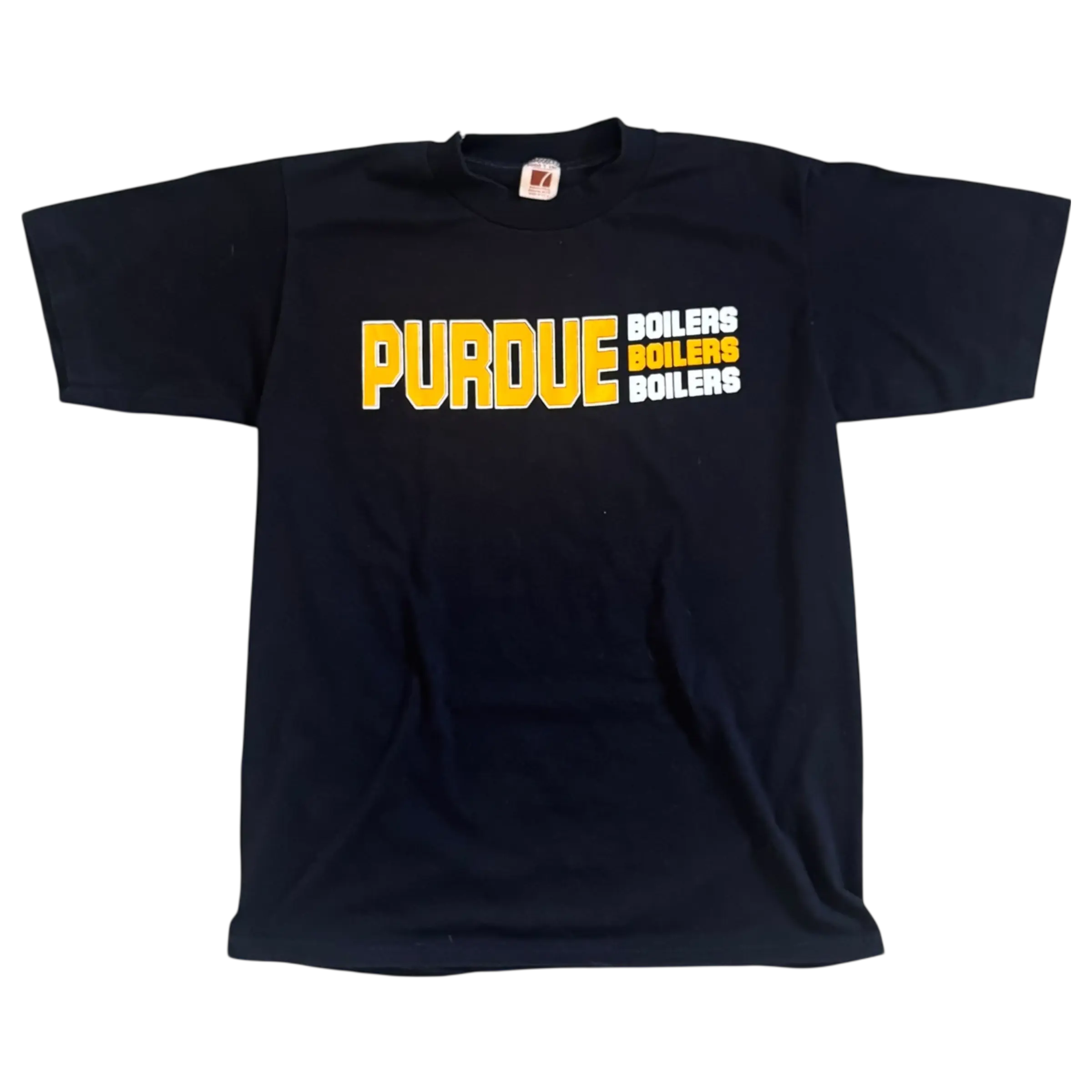 Vintage black Purdue Boilers repeat graphic T-shirt, size medium, with gold and white lettering.
