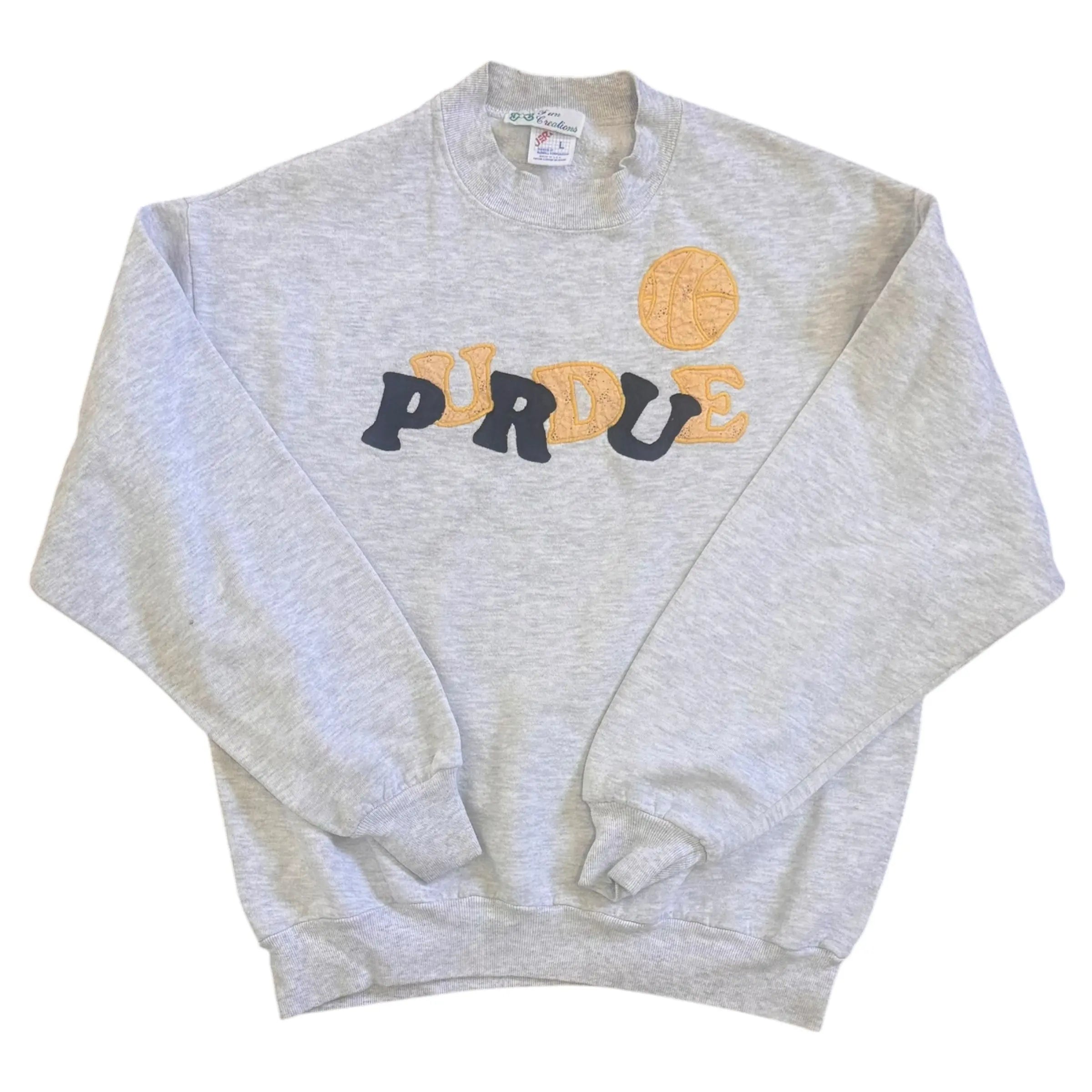 Gray vintage Purdue Boilermakers basketball sweatshirt with bold Purdue lettering and basketball graphic on chest.
