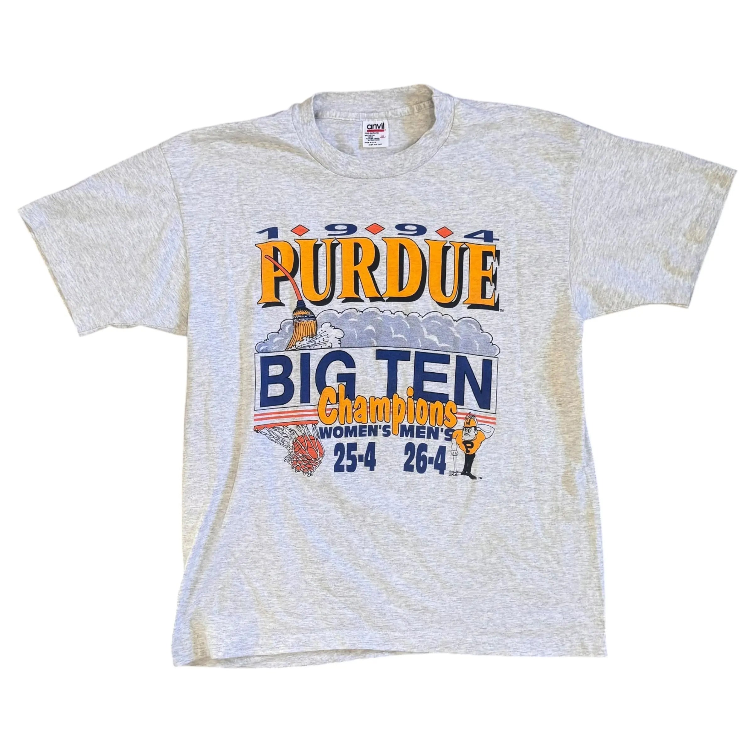 Vintage 1994 Purdue Big Ten Champions T-shirt by Anvil, size XL, heather gray with bold gold, navy, and orange graphics featuring records for men’s and women’s basketball teams.