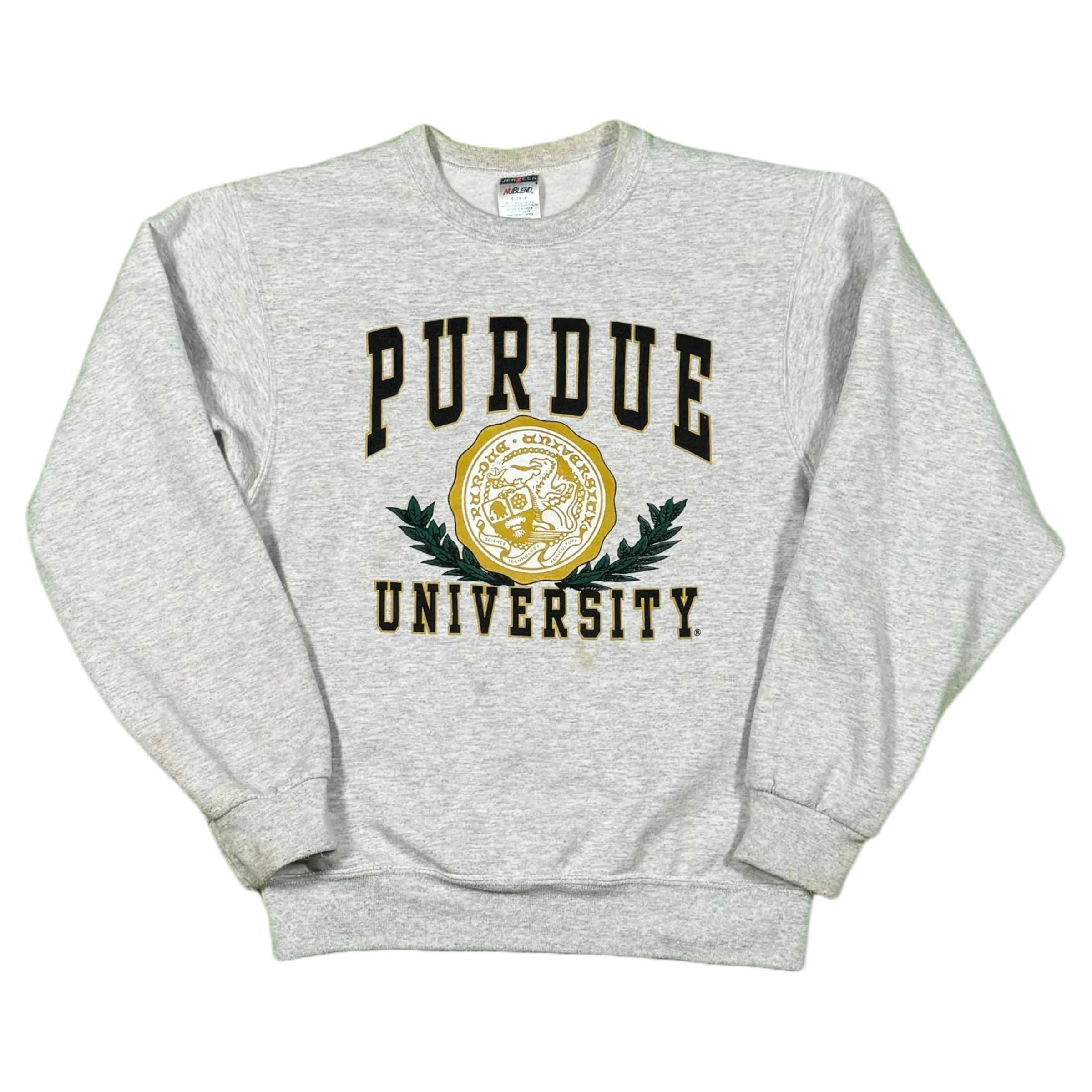 Vintage Purdue University Seal Crewneck Sweatshirt in grey, size small, with bold collegiate graphics. Perfect for fans and alumni looking for nostalgic Purdue apparel.