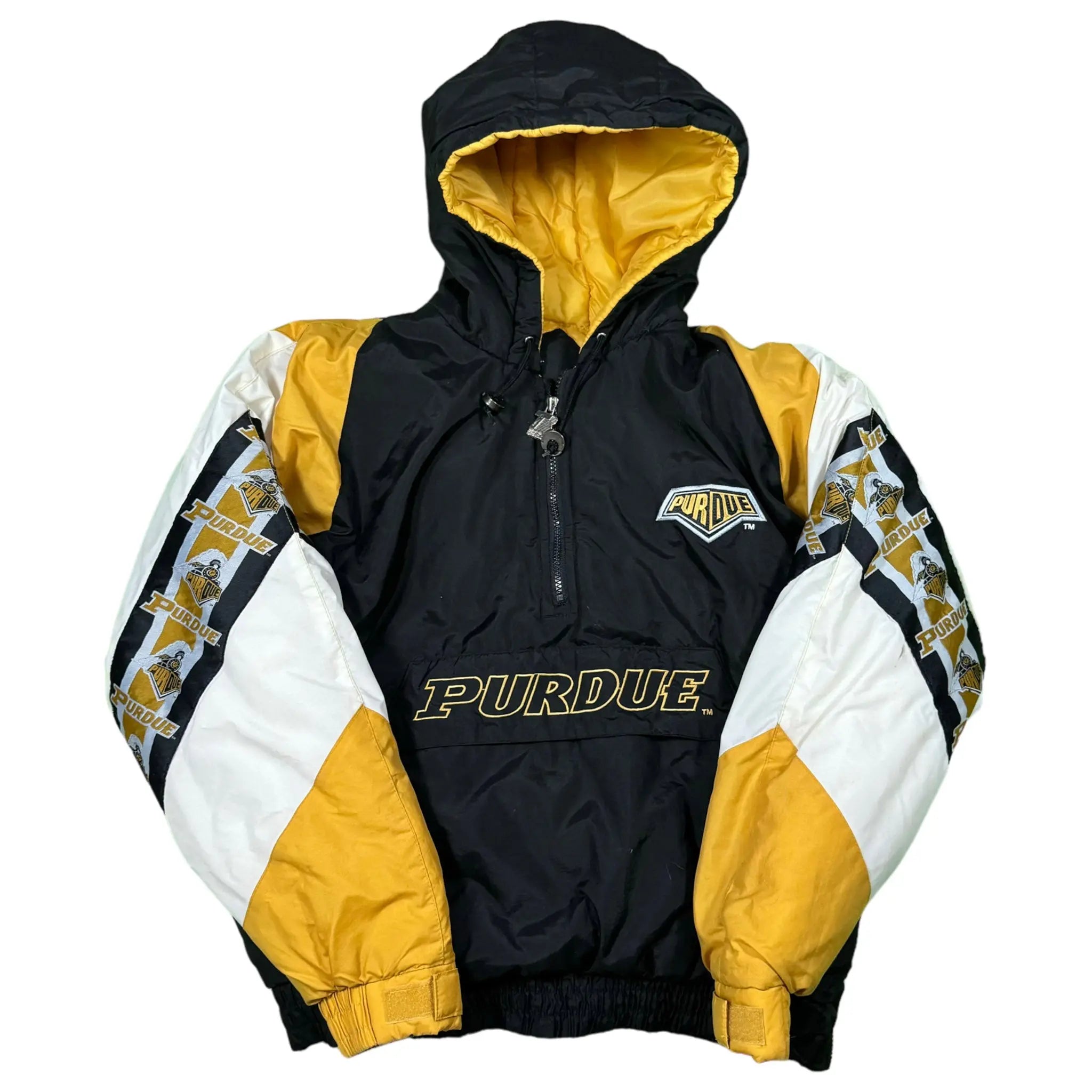 Tri-color Purdue puffer pullover featuring black, yellow, and white panels with a hood, Purdue logo embroidery, and a bold back graphic.